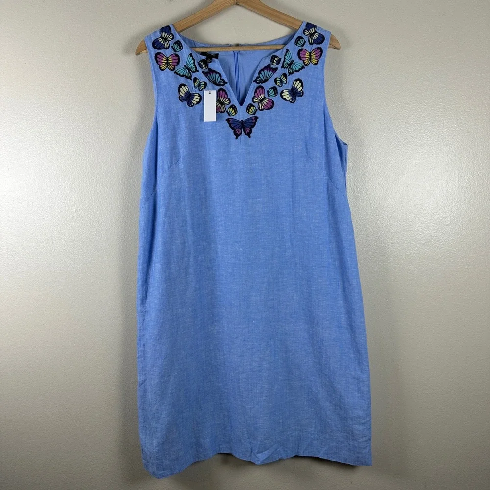 Talbots Women's 12 Shift Dress Blue Linen Blend Butterfly Embroidered V-Neck NWT - Picture 1 of 8